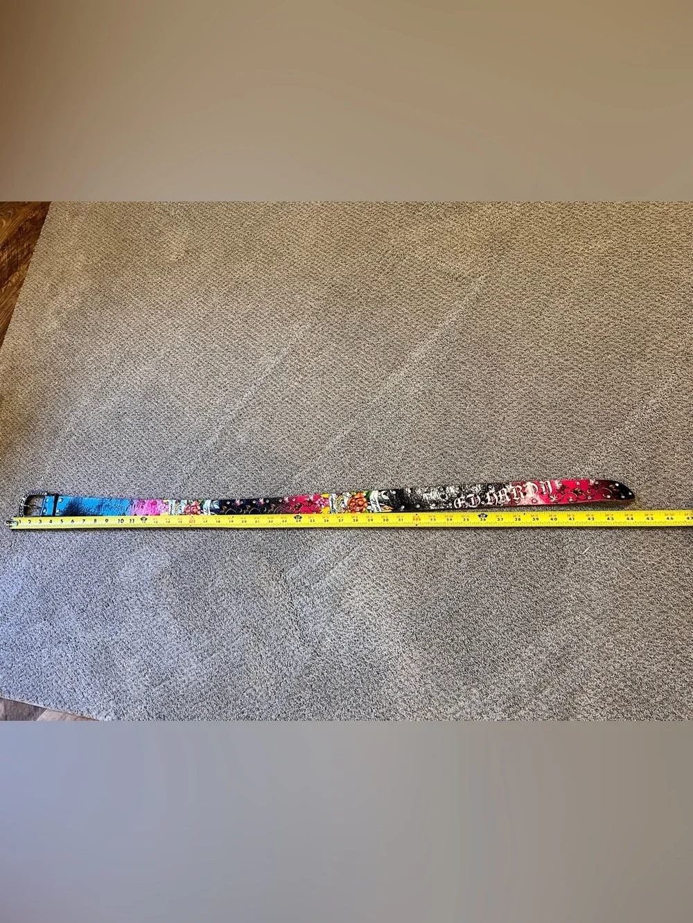 Ed Hardy Multicolored Floral Studded Leather Belt with Rhinestone Buckle Accent